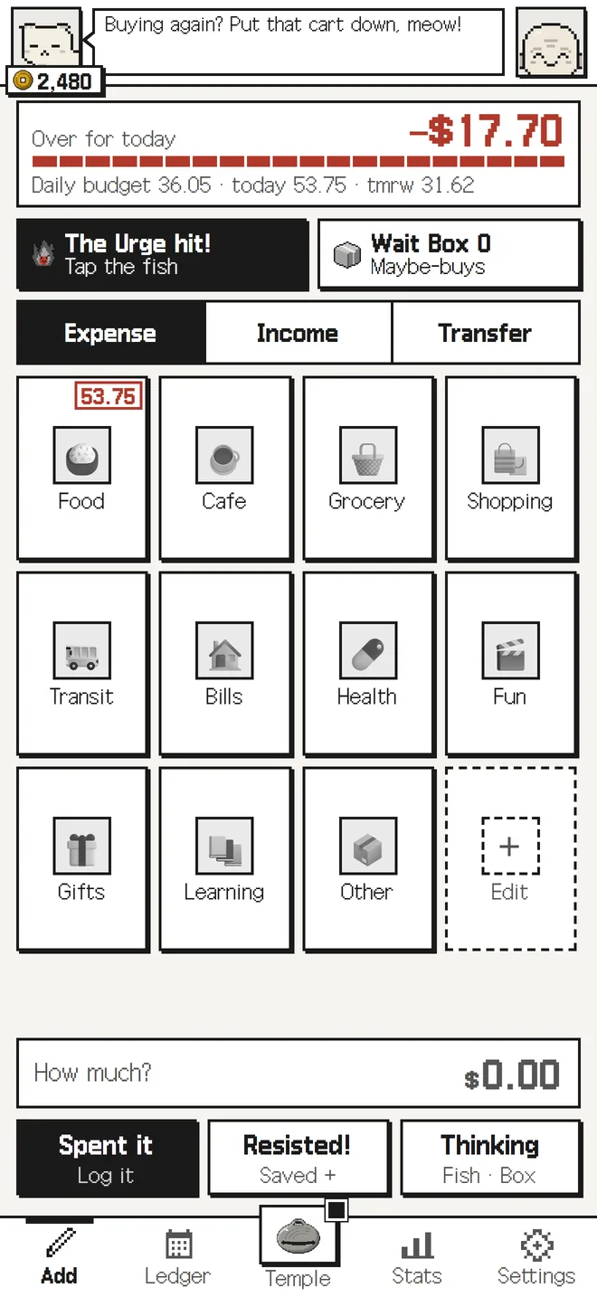 The entry screen of Buying Again?: type an amount, then tap Spent it, Resisted or Thinking.